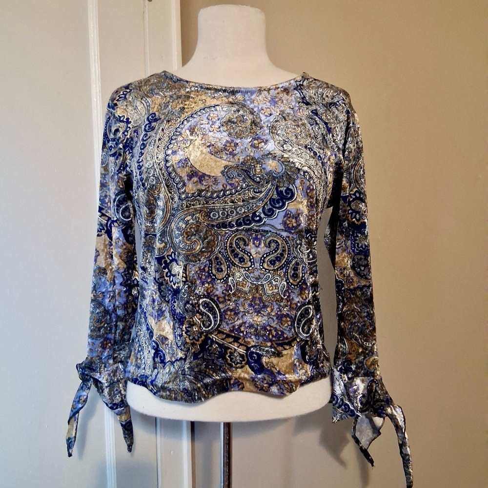 Vintage Velvet Paisley Blue and Tan Women's Tie-Sleeve Top -Size M -TP59